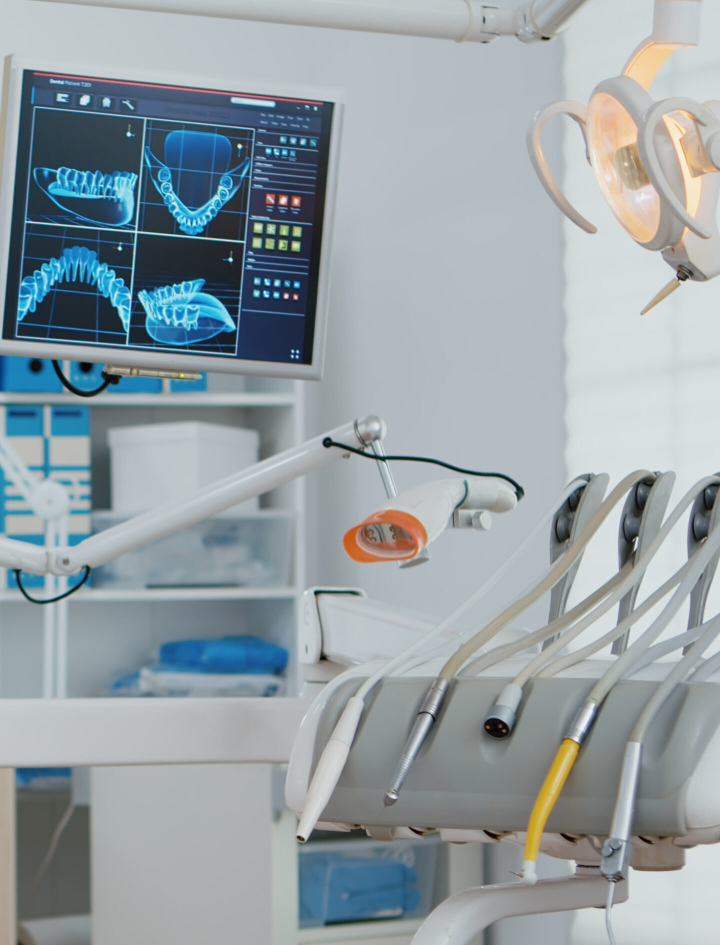 Interior of modern dental office in hospital with dentistry orthodontic furniture.